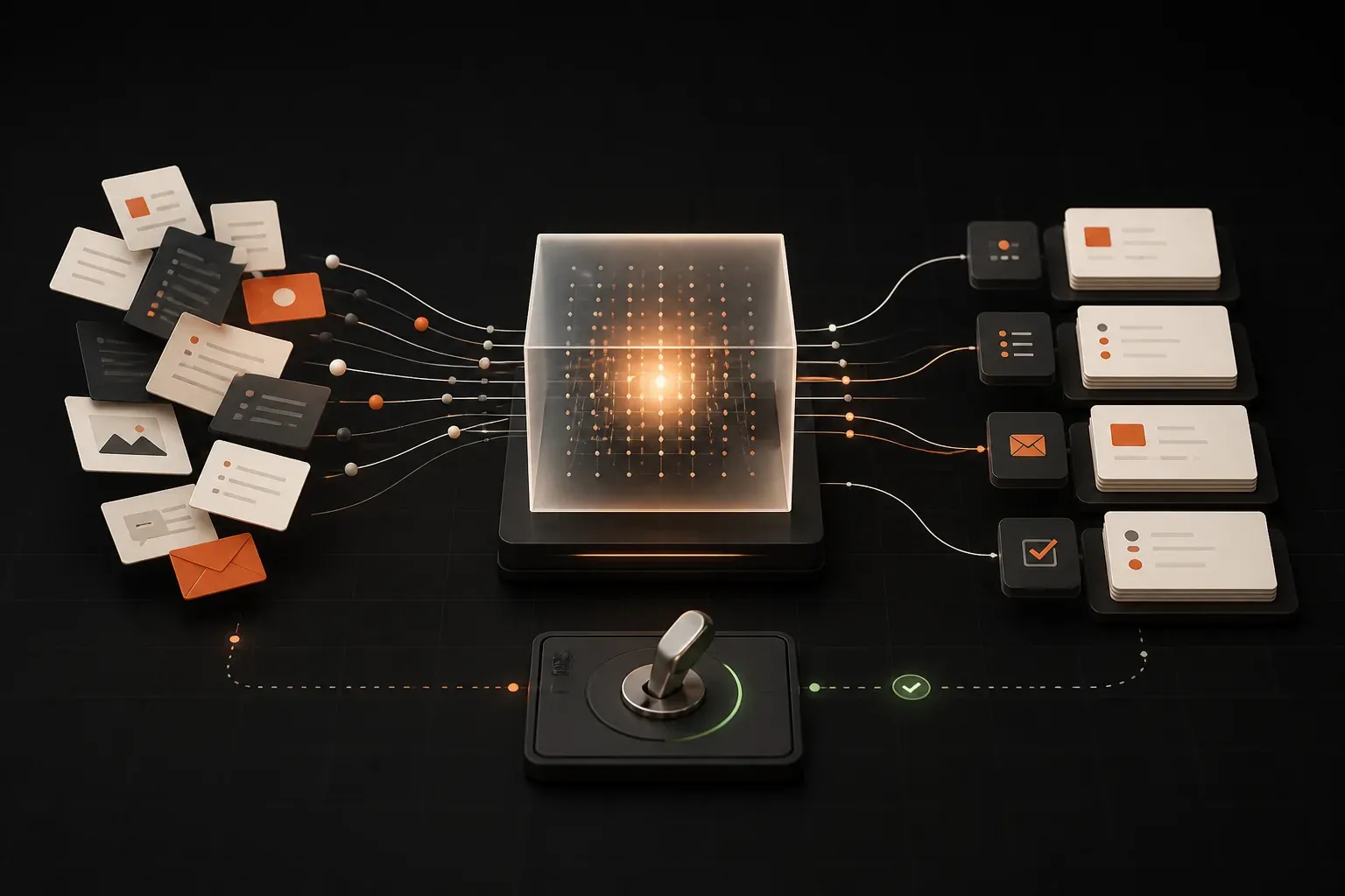 Business information moving through a controlled AI workflow into organised actions
