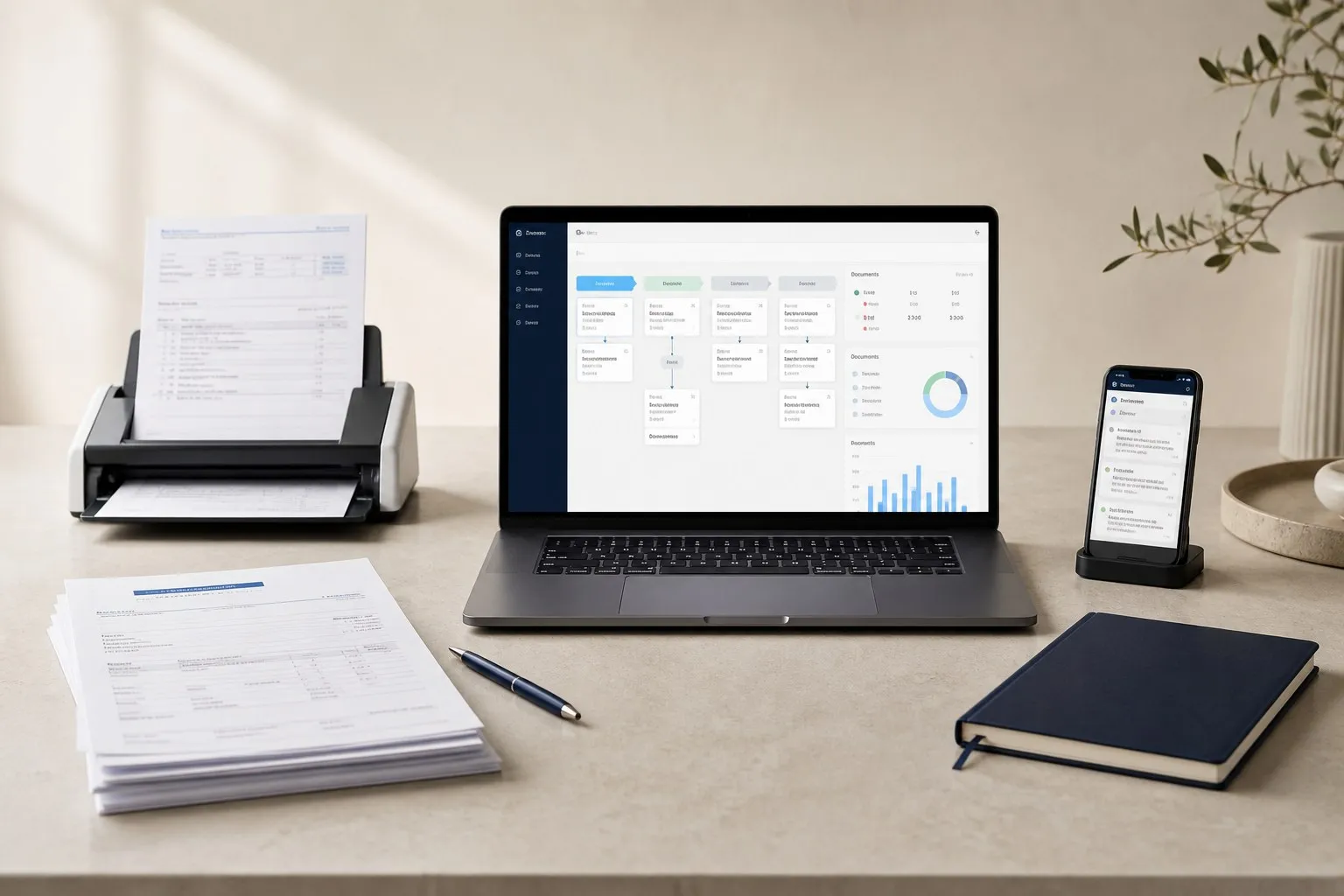 An organised business automation workflow displayed across a laptop and phone