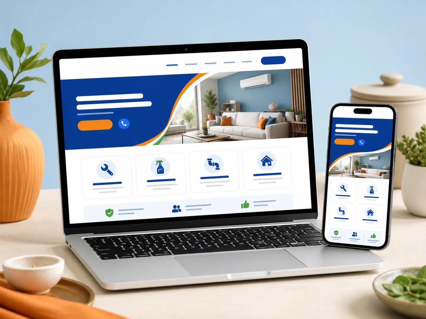 A responsive Indian local-business website displayed on a laptop and phone