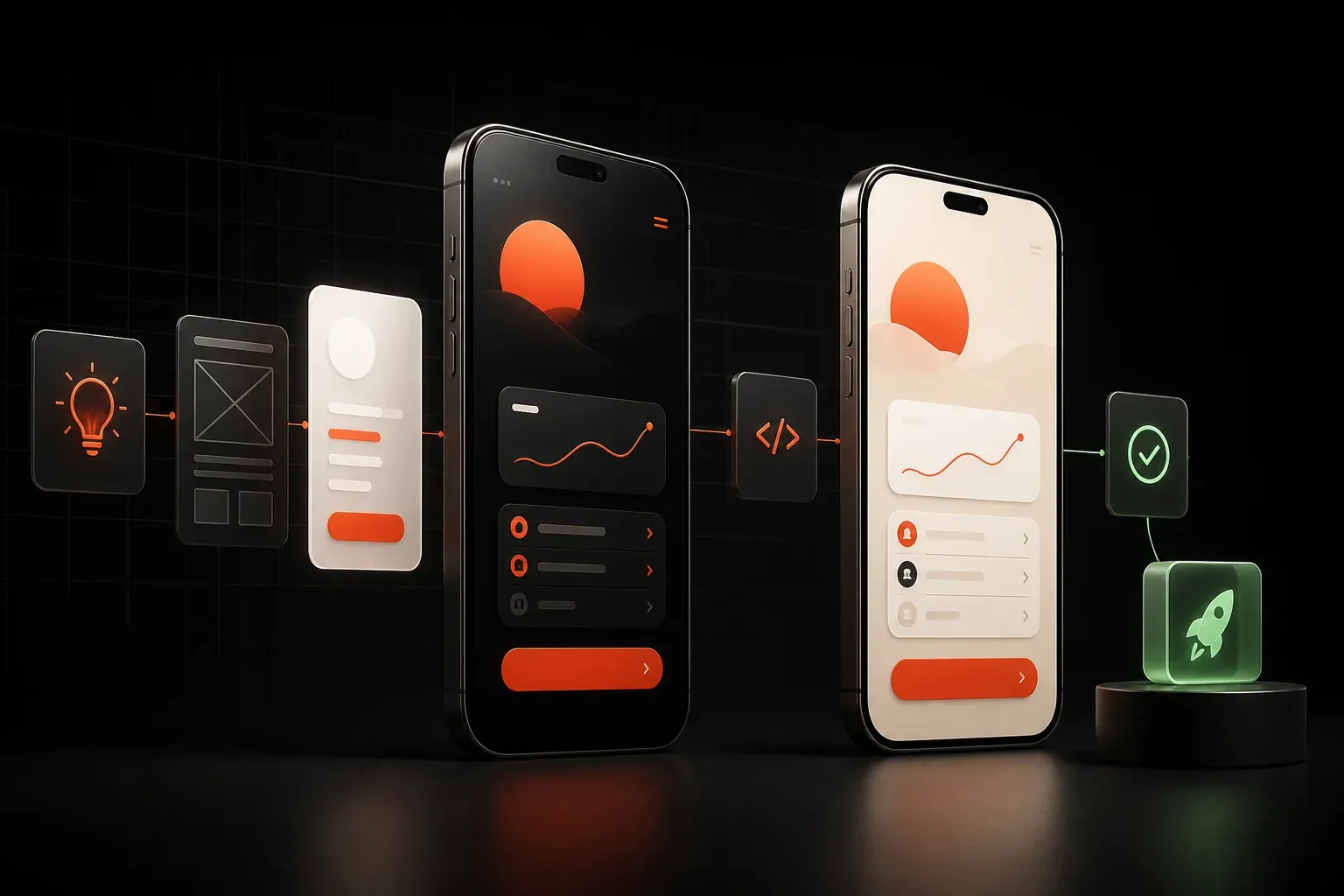 Two polished mobile app interfaces moving from product idea to successful launch