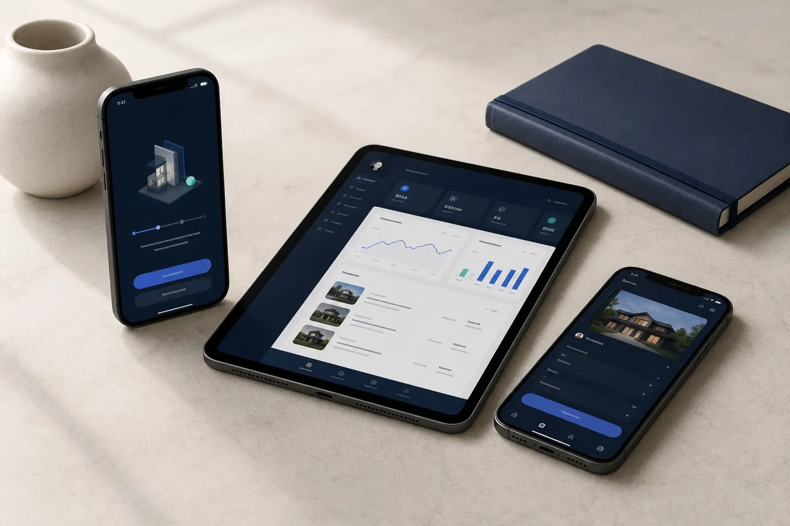 A coordinated mobile app interface displayed across phones and a tablet