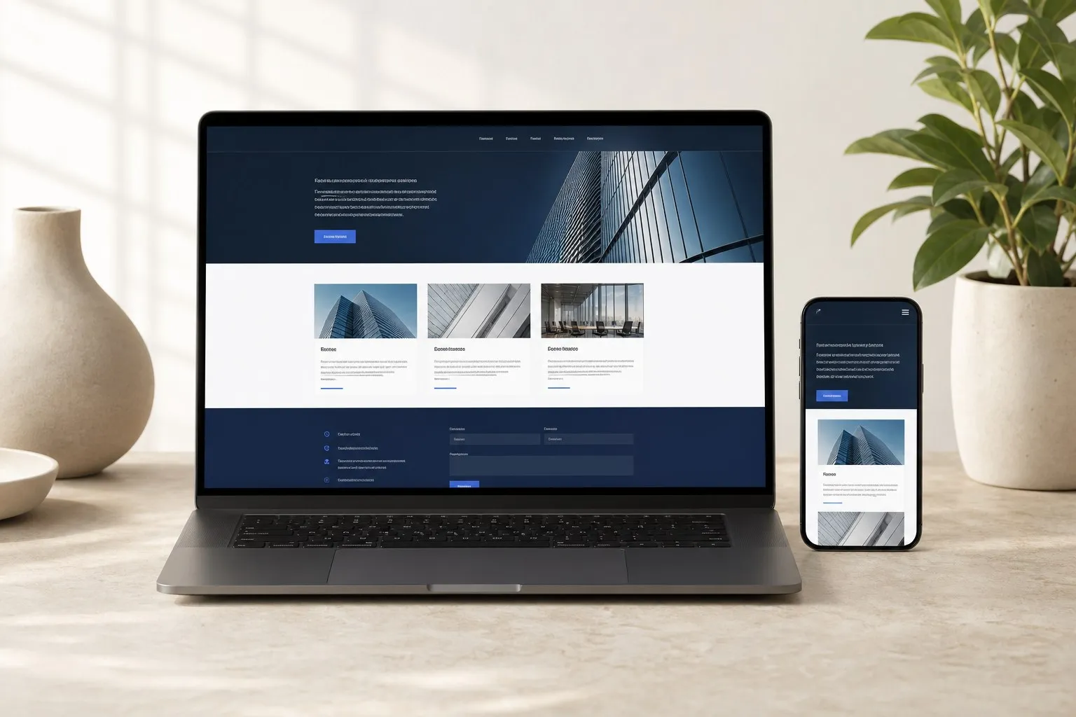 A professional website displayed on a laptop with its mobile version beside it