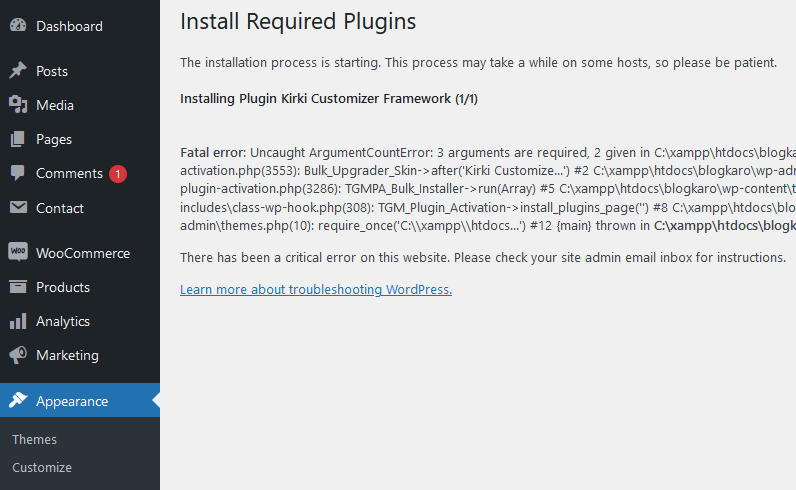 Fixing Fatal Error Uncaught ArgumentCountError in PHP MySQLi - Fatal error: Uncaught ArgumentCountError: TGM Plugin Installation